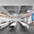 Modern Conference Room Interior With Long Tables Black Chairs And Wall Mounted Screen