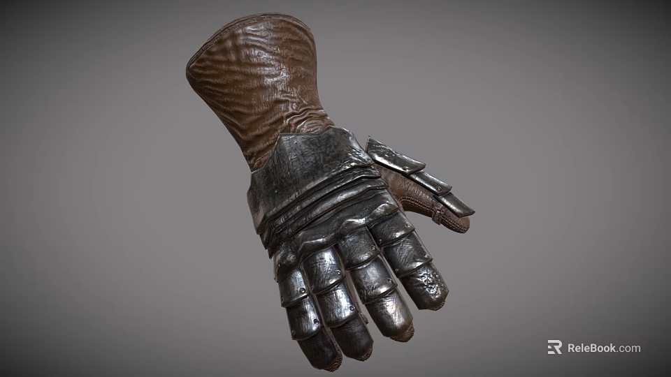 Vintage Medieval Leather Gauntlet With Metal Armor Plates And Stitching 3d model 