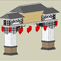 Traditional Chinese Entrance Gate With Tiled Roof Red Decorations And Lattice Design