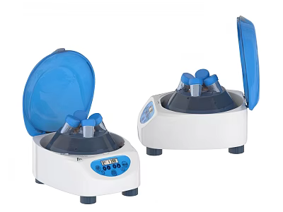Two Industrial Centrifuges With Open Blue Lids Digital Display And Test Tube Holders 3d model