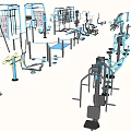 Various Sports Equipment Collection Featuring Dumbbells Treadmills Pull Up Bars and Exercise Bikes