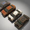 Four Old Rusty Vintage Cars With Weathered Exteriors And Different Colors