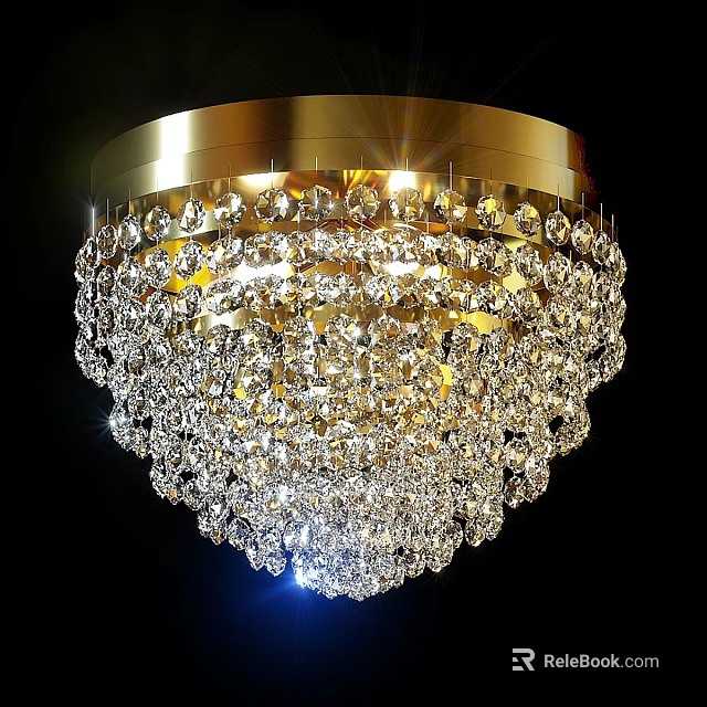 Elegant Crystal Ceiling Light with Golden Frame and Sparkling Pendants 3d model
