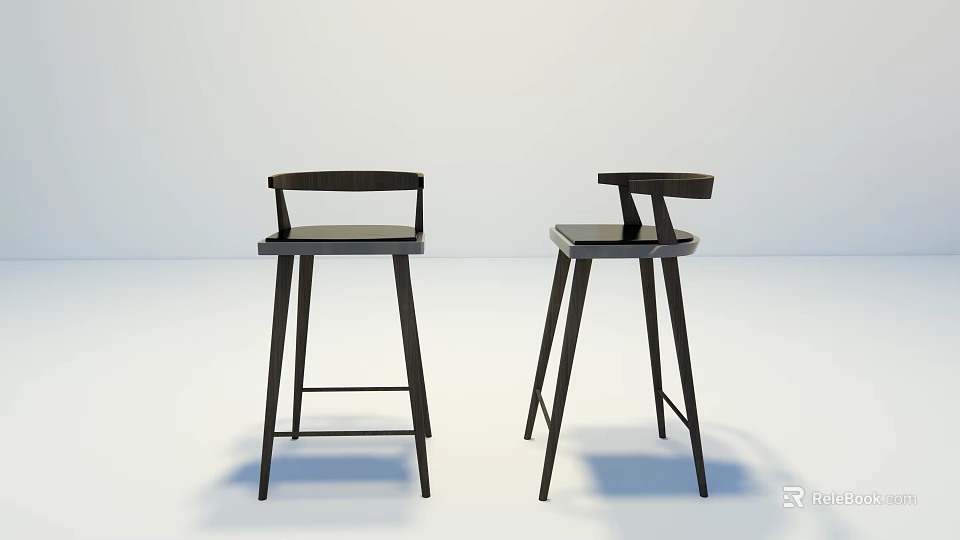 Two Black Modern Bar Stools with High Backrest and Tall Legs Minimalist Design 3d model