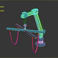 Blue Industrial Robotic Arm Equipment With Hanging Orange Hoses And Sturdy Base