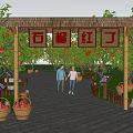 Scenic Park Landscape With Stone Archway Fruit Laden Pomegranate Trees And People Walking Along Path