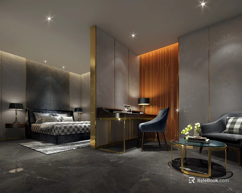 Elegant Modern Hotel Room Interior With Comfortable Bed Desk And Armchair Decorative Lighting 3d model 