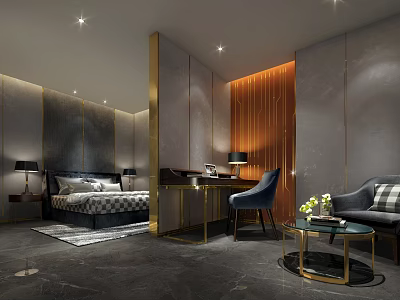 Elegant Modern Hotel Room Interior With Comfortable Bed Desk And Armchair Decorative Lighting 3d model