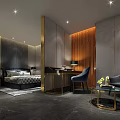 Elegant Modern Hotel Room Interior With Comfortable Bed Desk And Armchair Decorative Lighting