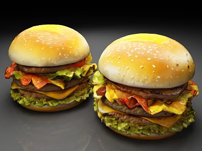 Juicy Homemade Burgers With Sesame Buns Lettuce Tomato Cheese And Bacon 3d model