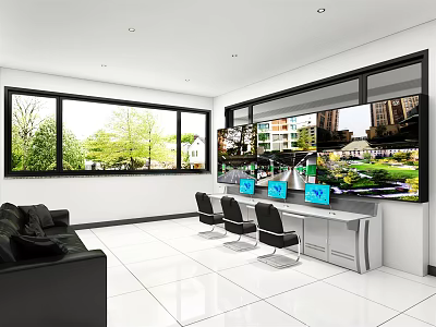 Modern Monitoring Room Interior With Multiple Screens Comfortable Sofa And Large Windows 3d model