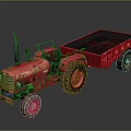 Red Tractor With Open Trailer And Large Wheels On Reflective Surface 3d model
