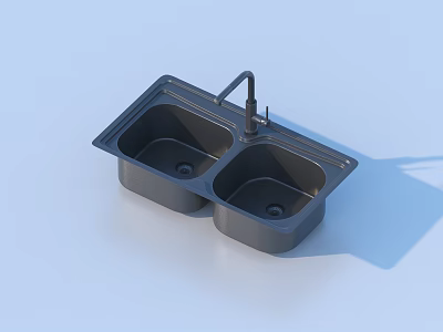 Modern Double Bowl Kitchen Sink with Faucet and Sleek Design 3d model
