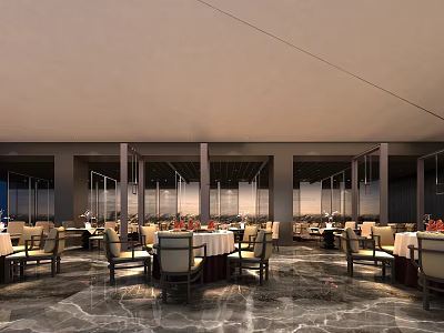 Elegant Spacious Restaurant Interior With Marble Floor And Arranged Tables Chairs 3d model
