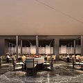 Elegant Spacious Restaurant Interior With Marble Floor And Arranged Tables Chairs