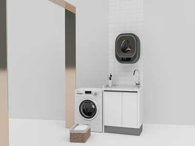 Washing Machine in Laundry Room with White Cabinet Sink Wall Mounted Dryer and Small Basket 3d model