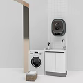 Washing Machine in Laundry Room with White Cabinet Sink Wall Mounted Dryer and Small Basket