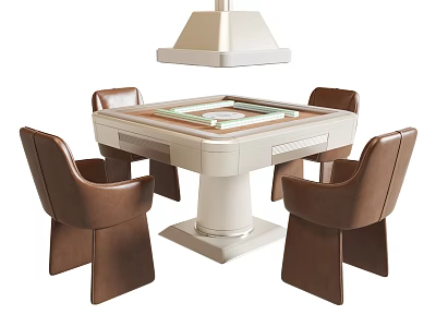 Entertainment Table With Four Brown Chairs And Overhead Lighting Fixture 3d model