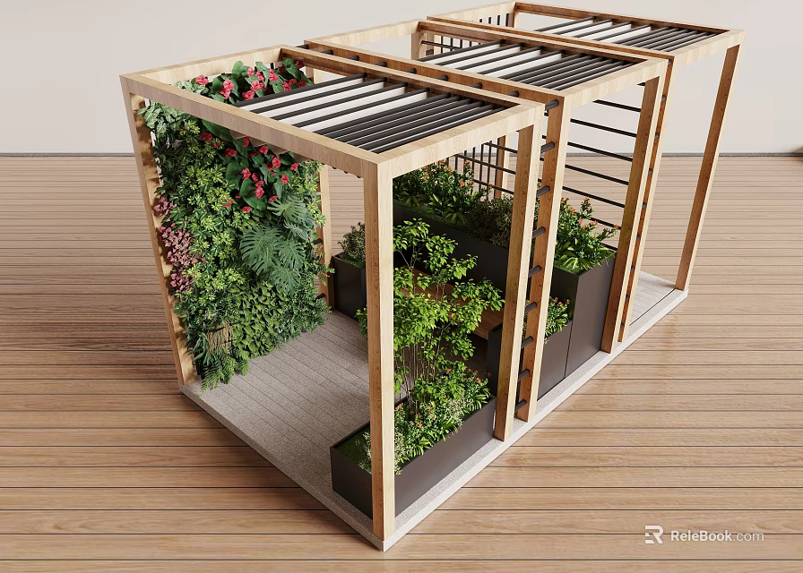 Wooden Garden Pergola With Slatted Roof Green Plants And Planter Boxes 3d model 
