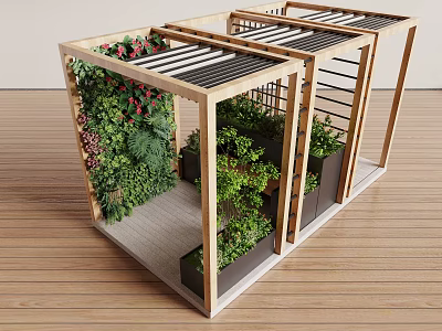 Wooden Garden Pergola With Slatted Roof Green Plants And Planter Boxes 3d model