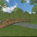 Natural Wooden Bridge In Park With Green Grass Trees Water Blue Sky And White Clouds
