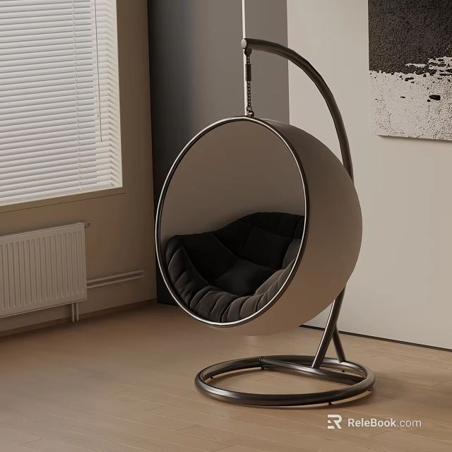 Modern Hanging Leisure Chair With Round Design Metal Frame And Black Cushion In Living Interior 3d model 