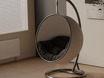 Modern Hanging Leisure Chair With Round Design Metal Frame And Black Cushion In Living Interior 3d model