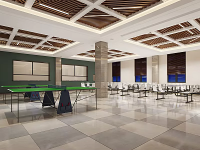 Indoor Activity Space With Ceiling Wooden Grille Green Ping Pong Table White Furniture And Windows 3d model