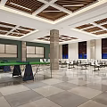 Indoor Activity Space With Ceiling Wooden Grille Green Ping Pong Table White Furniture And Windows