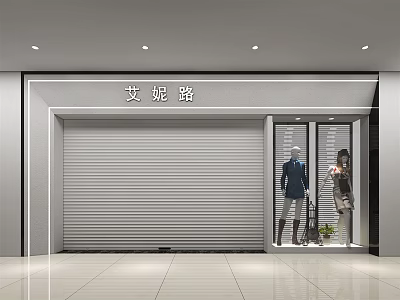 Mall Store Shopfront With Roller Shutter And Display Window Featuring Mannequins In Clothing 3d model