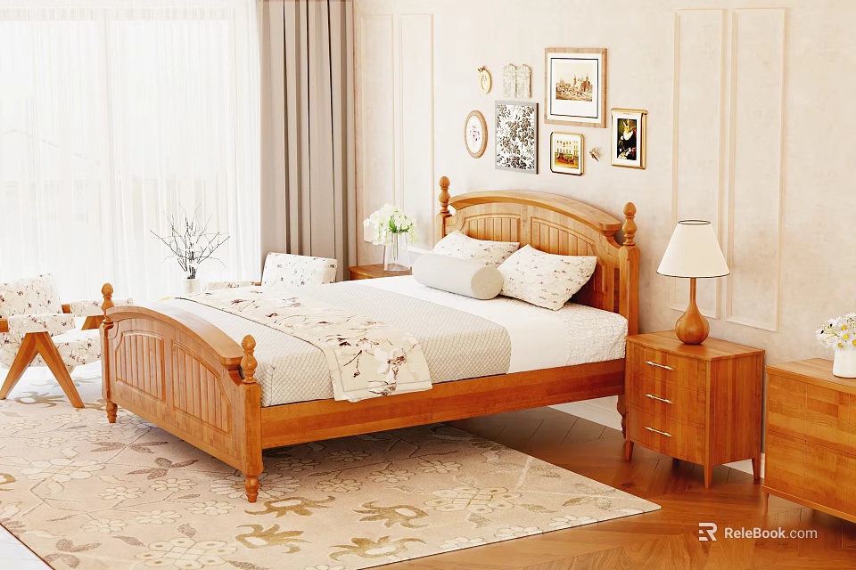 Classic Wooden Double Bed With Carved Headboard Nightstands Lamps Wall Art And Rug 3d model 