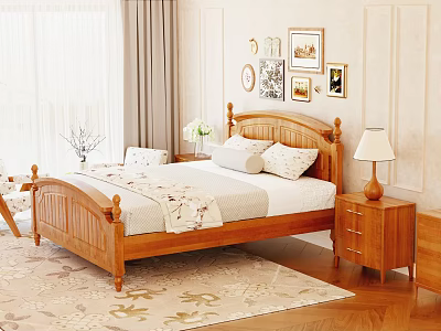 Classic Wooden Double Bed With Carved Headboard Nightstands Lamps Wall Art And Rug 3d model