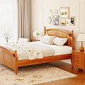 Classic Wooden Double Bed With Carved Headboard Nightstands Lamps Wall Art And Rug
