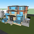Modern Detached Villa Exterior Design With Large Glass Windows Garden Lawn And Trees