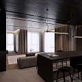 Modern Living And Dining Area With Gray Sofa Black Coffee Table Wooden Floor Hanging Lights