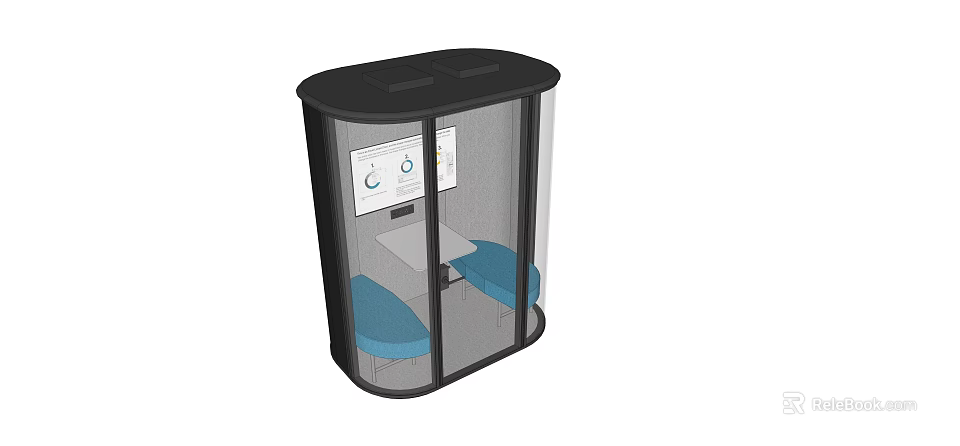 Compact Glass Enclosed Meeting Room With Blue Seats Table And Screen Charts 3d model 