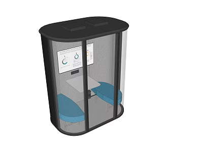 Compact Glass Enclosed Meeting Room With Blue Seats Table And Screen Charts 3d model