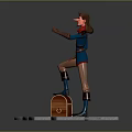 Game Movie Character In Blue Red Outfit Standing On Wooden Treasure Chest With Gray Blocks