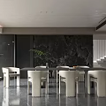 Modern Restaurant Interior Featuring Large Dining Table White Chairs Dark Wall Green Plants And Gray Floor