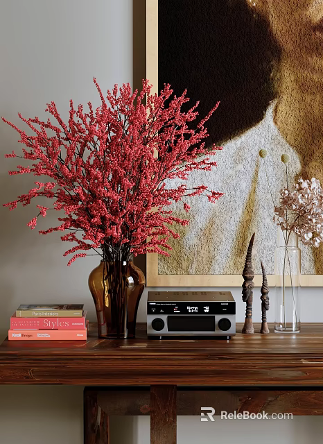 Red Flowers in Brown Vase with Stereo Books Decorative Figurines and Painting in Interior Decor 3d model 