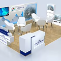 Modern Exhibition Booth With TV Screen White Chairs Table And Display Panels