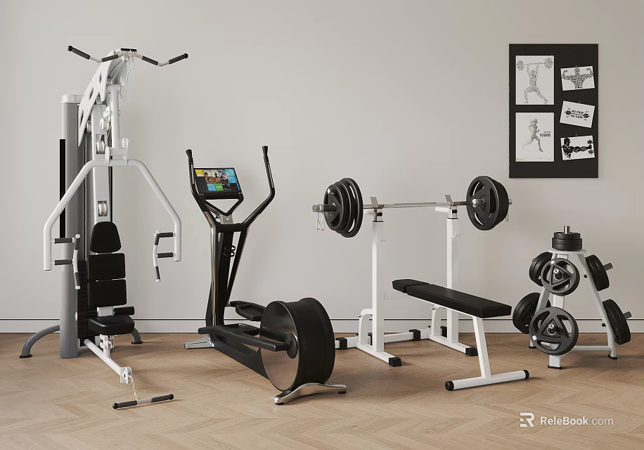 Home Gym Interior Filled With Various Fitness Equipment And Posters 3d model 
