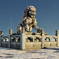 Garden Ornament Stone Lion On Pedestal With Railing Under Rainy Blue Sky