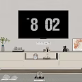 Modern White TV Stand with Vase Books Clock Decor and Mounted TV Time 8 02