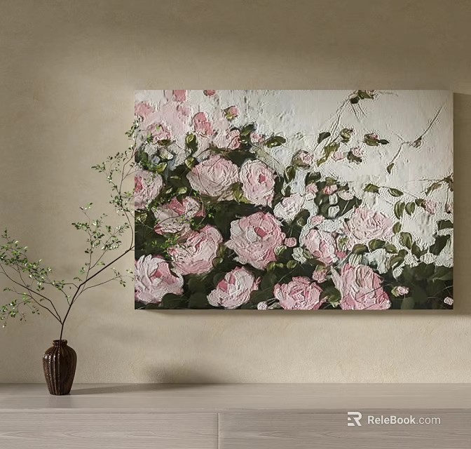 Botanical Painting With Pink Roses Green Leaves On Canvas Wall Decor 3d model 