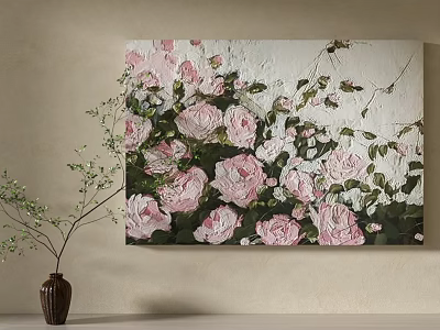 Botanical Painting With Pink Roses Green Leaves On Canvas Wall Decor 3d model