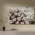 Botanical Painting With Pink Roses Green Leaves On Canvas Wall Decor