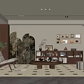 Elegant Modern Living Room with Wooden Screen Green Plant Photo Wall and Round Coffee Table