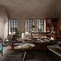 Serene Japanese Interior Featuring Arched Ceiling Raised Platform Cushions Wicker Table And Bookshelf