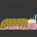 Stylish Bed Furniture With Green Tufted Headboard Yellow Comforter Pink Ruffled Skirt And Checkered Pillows